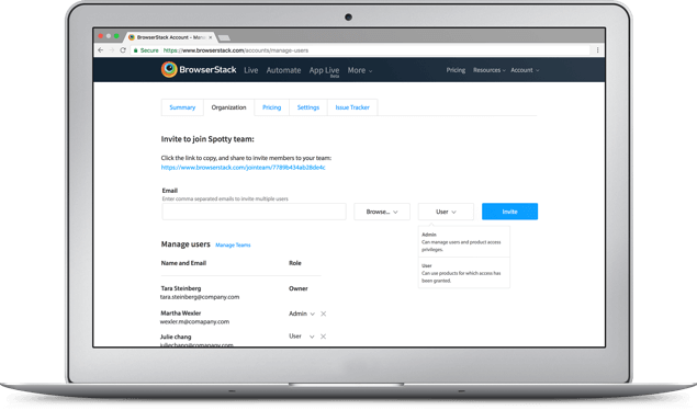 Screen capture of BrowserStack’s Team management dashboard